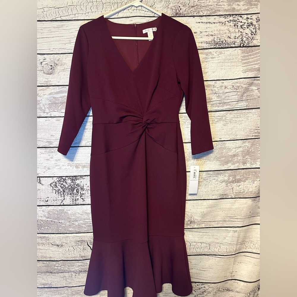 NWT London Times Burgundy Twist Front Midi Dress Size 8